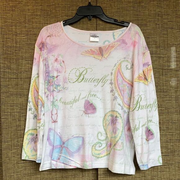 Studio Collection cotton long sleeve tee shirt pastel butterfly print - Picture 1 of 4